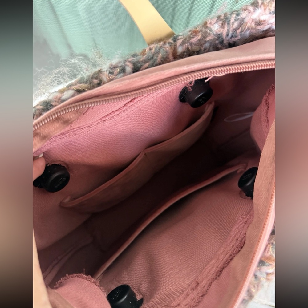 O Bag Beige Tote with Knit Tweed Top Trim & Pink‎ Handles - Picture 8 of 9